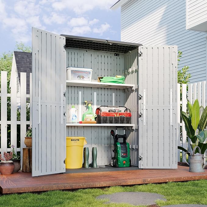 Aoxun White Resin Outdoor Storage Shed with 2 Shelves & Floor, 64 Cu.Ft Vertical Waterproof Cabinet for Garage, Pool, Bike, Garden Tools, Patio Furniture by Aoxun