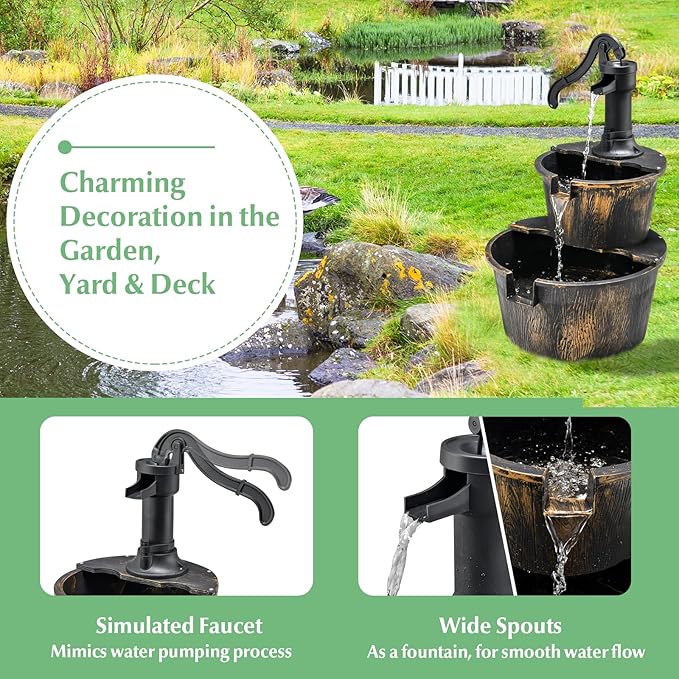 S AFSTAR Water Fountain Outdoor Waterfall Barrel, 2-Tier 27-Inch Barrel and Pump Waterfall Fountain W/Realistic Faux Wood Barrels & Pump Head, Garden Barrel Fountain for Patio Backyard Decor