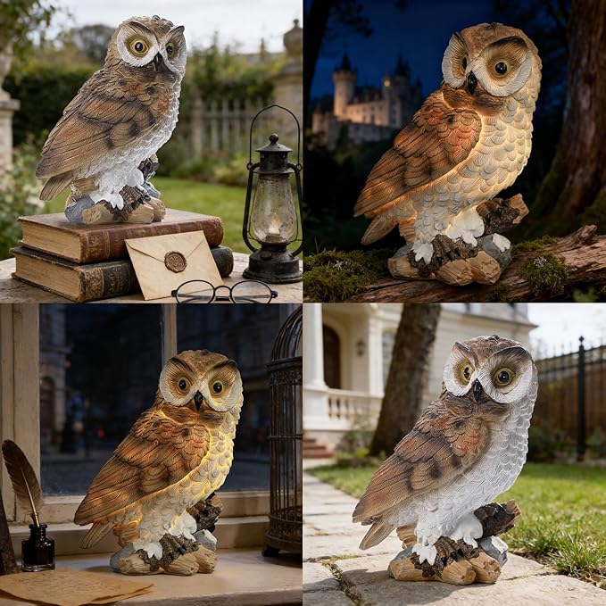 Garden Owl Outdoor Statue,Solar Owls Figurine Sculpture with LED Lights for Porch Patio Lawn Yard Deck Spring Decor - Ideal Easter Day Housewarming for Women Men Owl Lover
