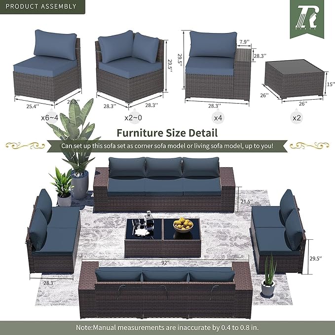 12 PCS Outdoor Patio Furniture Set,Outdoor Sectional Furniture All Weather PE Rattan Wicker Patio Conversation Set with 2 Coffee Tables and 10 Thickened Cushions,Navy Blue