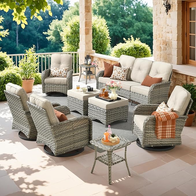HOOOWOOO Outdoor Patio Furniture Set with Swivel Chairs,9 Pieces Wicker Conversation Set,All Weather High Back Couch Sofa Rocker Chairs Ottomans Set,Beige