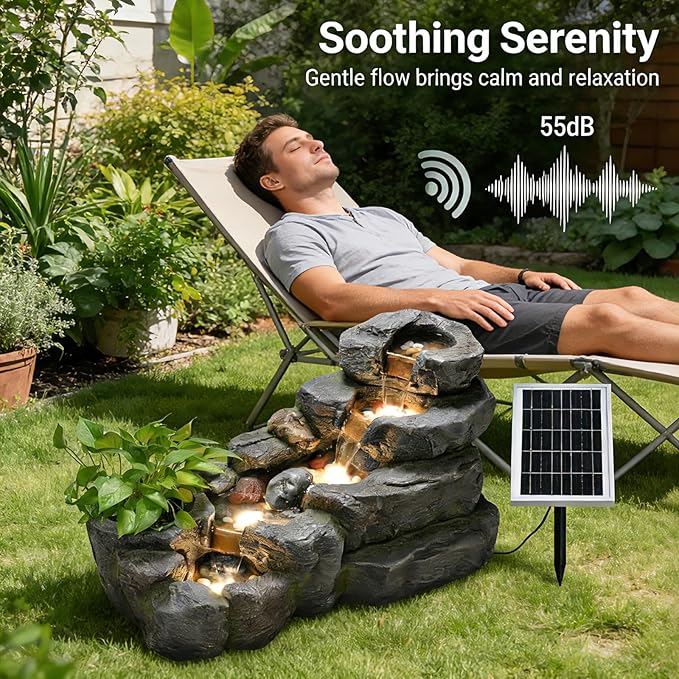 38.2" L Solar Water Fountain Outdoor Garden 5 Tiers Floor Standing Rock Natural Waterfall Outdoor Fountains with LED Lights and Planting Pot for Patio, Porch,Backyard,Home Art Decor