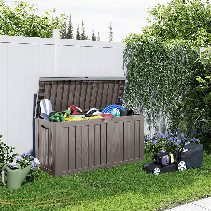 PatioZen 90 Gallon Resin Deck Box, Lockable Patio Outdoor Storage Box for Furniture, Garden Tools and Tools Storage, Waterproof Outside Storage Boxes - Grey - Image 6