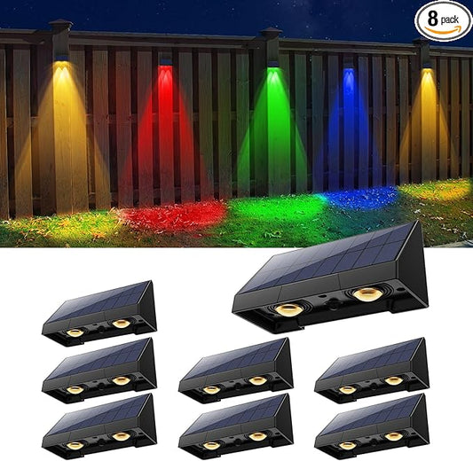 8 Pack Bright Solar Fence Lights Outdoor for Deck, Railing, Stair, Retaining Wall, Waterproof Led Accent Lamp Ambient Lighting with Spot Len for Patio, House (5 Mode Multicolor, 8 Pack)