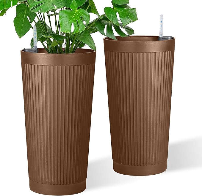Set of 2 Self-Watering 24in Plastic Round Planters with Vertical Stripe Design – Indoor Outdoor Flower Pots for Plants, Herbs, Small Trees