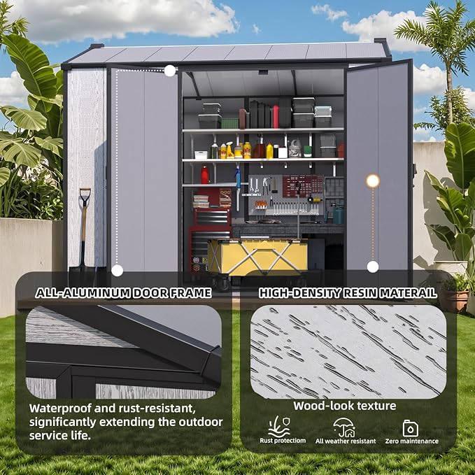 MELLCOM 6 x 8 FT Plastic Outdoor Storage Shed with Windows, Plastic Outdoor Storage Tool Shed with Floor and Lockable Door, Resin Garden Shed for Lawnmower, Bike, Pool Supply - Image 6