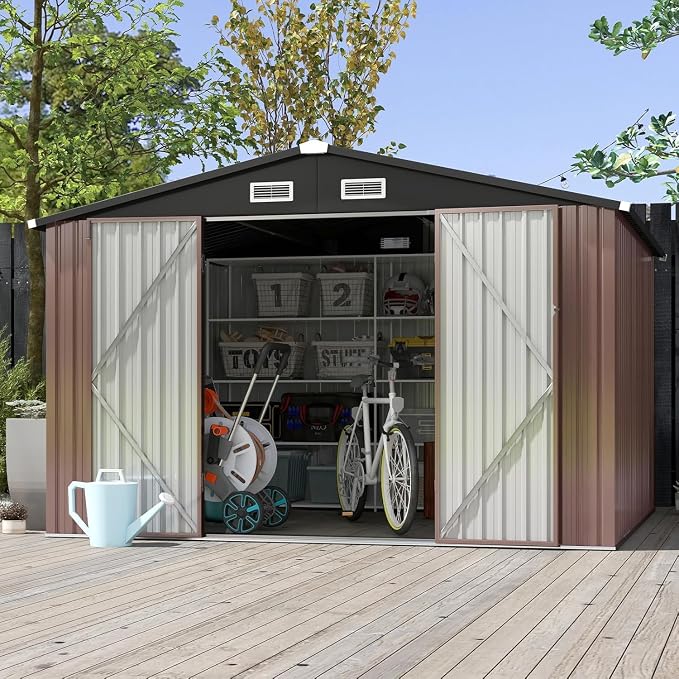 Aoxun 10x8 FT Outdoor Storage Shed with Double Hinged Large Door Utility Garden Shed with Lockable Door & Sloped Roof Metal Sheds Outdoor Storage for Garden, Backyard, Patio and Backyard, Brown by Aoxun
