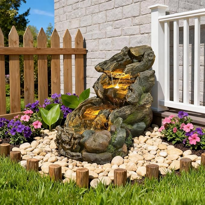 37" L Outdoor Water Fountain with 3 Tiers Cascading Realistic Tree Trunk Waterfall Fountains with LED Lights Outdoor Water Fountain for Garden Patio Backyard Porch Home Decor