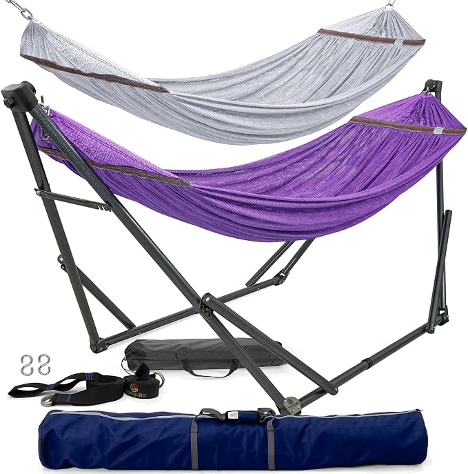 Tranquillo Combo x2 Hammocks with Stand for Outside & Tree Straps, Heavy Duty Hammock with Stand 600lbs for Indoor Outdoor Patio Backyard, x2 Hammocks for 2 Person (Combo - Purple, Medium) by Tranquillo