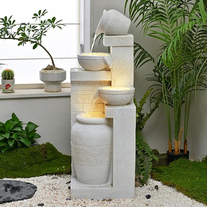 42.52" Outdoor Garden Water Fountain with Lights 4 Tiers Cascading Large Waterfall Floor Standing Fountain for Patio, Backyard, Deck, Porch and Home Art Decor