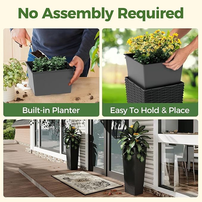 2 Pack Large Planters for Indoor Plants, Outdoor 32 inch Tall Tree Planter with Drainage Holes, Plant Pots for Trees Flowers, All-Weather Use with Removable Insert Bucket for Porch, Patio, Black