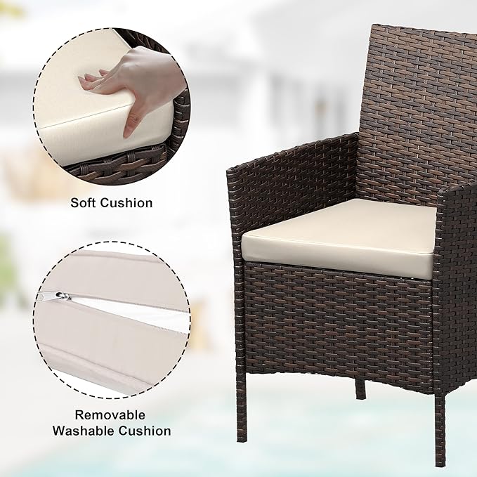 3 Piece Patio Furniture Set, Outdoor Patio Wicker Sofa Set with Upholstery and Glass Storage Coffee Table, All Weather Conversation Rattan Set for Garden, Porch, Lawn, Pool, Brown