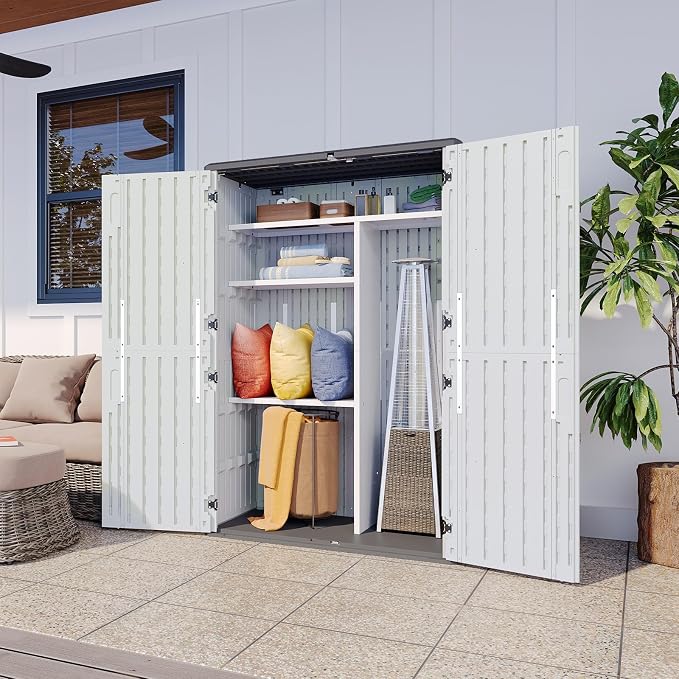 Aoxun Outdoor Resin Storage Shed with Metal Shelving Kit & Floor, 64 Cu.Ft Vertical Waterproof Storage Cabinet for Garage, Pool, Bike, Garden Tools, Patio Furniture (White) - Image 5