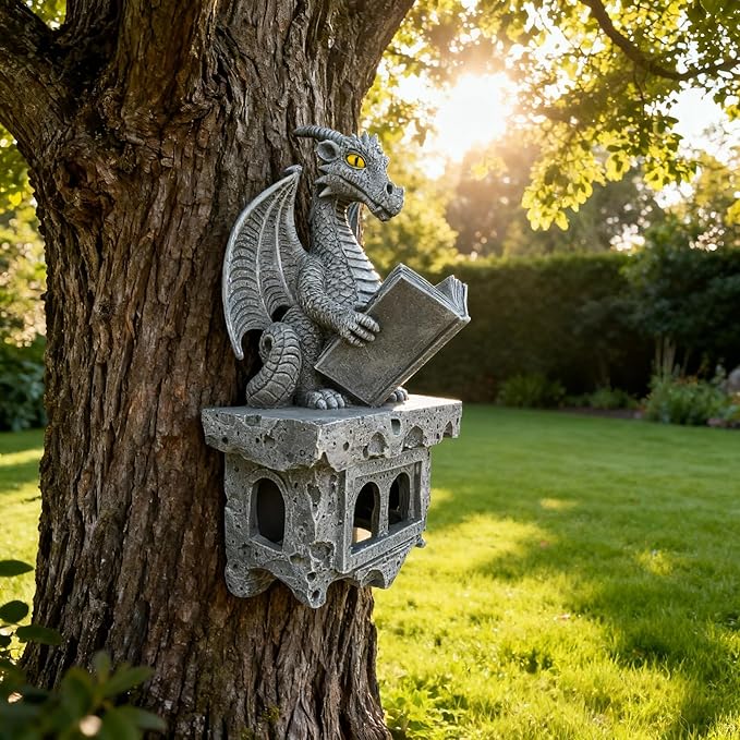 Solar Dragon Tree Reading Garden Statue - Outdoor Courtyard Decoration, Halloween Fantasy Dragon, Weather Resistant, Suitable for Birthday/Christmas Festival Gifts