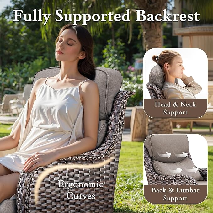 Luxury High Back Outdoor Furniture with 6-inch Extra Thick Cushions, Patio Furniture Set with Swivel Chairs, 5 PCS Wicker Conversation Set for Yard, Deck, Poolside, Brown/Grey
