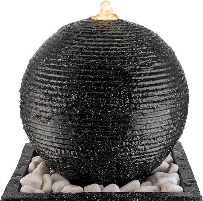 Glitzhome Water Fountain Outdoor, Outdoor Fountain with Lights, 40.5" H Modern Large Geometric Pedestal and Sphere Polyresin Outdoor Water Feature with Pump for Garden, Patio, Backyard, Porch (Black)