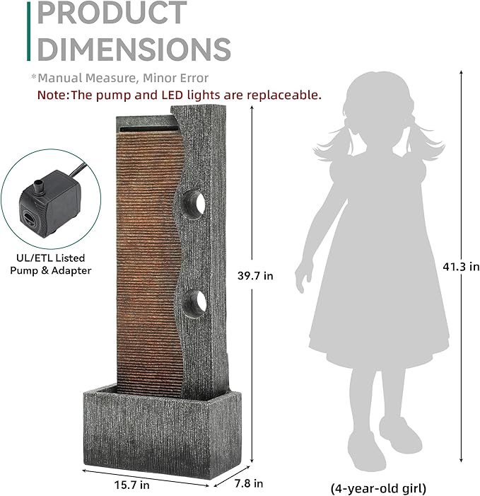 39.4" Modern Zen Faux Slate Water Fountain for Indoors or Outdoors with LED Lights, Cascading Waterfall, Tranquil Water Feature for Patio, Garden, Deck or Porch
