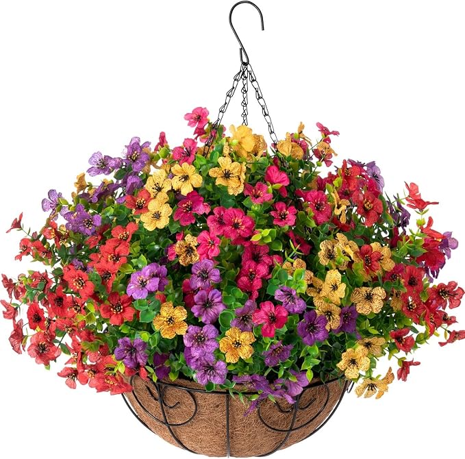 HyeFlora Artificial Faux Hanging Plants Flowers Basket for Summer Outdoor Outside Decoration, Fake Silk UV Sun Resistant Look Real Colorful Daisy Eucalyptus for Porch Home Patio Balcony Yard by HyeFloraartificialflowers