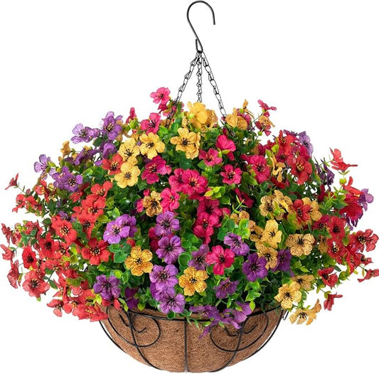 HyeFlora Artificial Faux Hanging Plants Flowers Basket for Summer Outdoor Outside Decoration, Fake Silk UV Sun Resistant Look Real Colorful Daisy Eucalyptus for Porch Home Patio Balcony Yard by HyeFloraartificialflowers