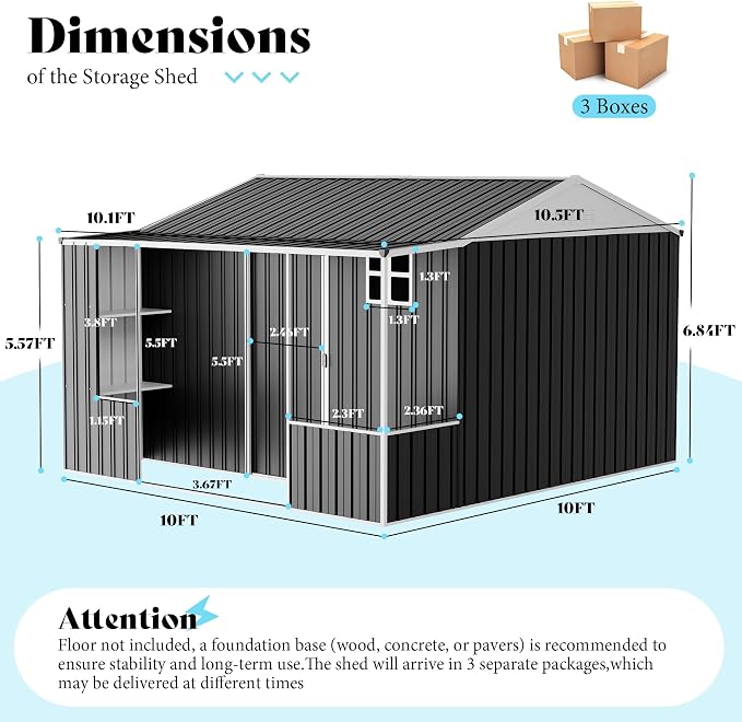 VanAcc 10×10.5×7 FT Metal Storage Shed, Dual-Zone Tool Shed with Work Area, Reinforced Frame, Gable Roof, Ventilated Design, Dark Grey - Image 2