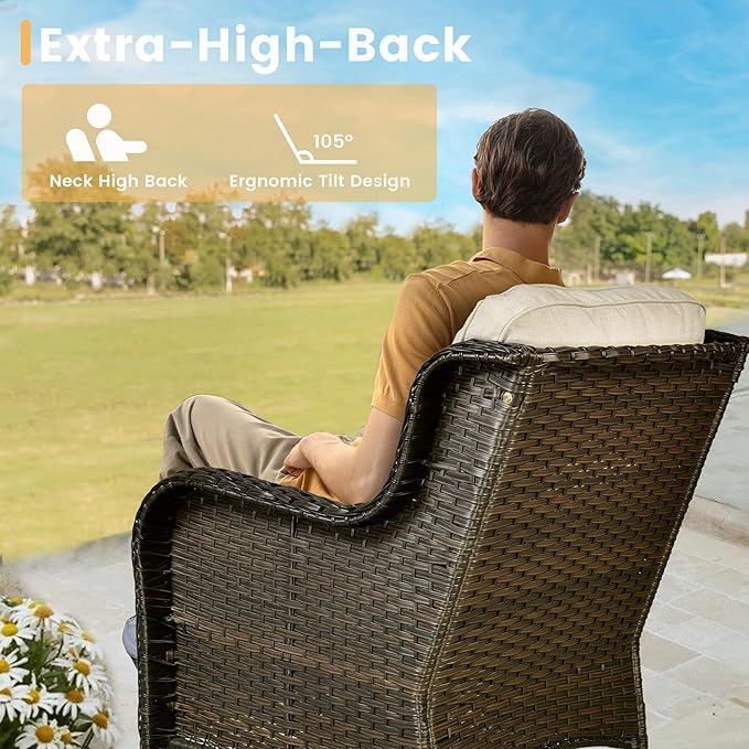 HOOOWOOO Patio Furniture Set,3 Piece Outdoor Furniture with Swivel Chairs,Wicker Patio Bistro Chairs Set,Beige