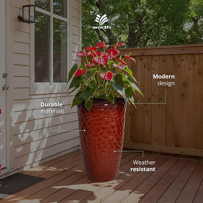 Worth 2 Pack 24" Tall Large Plastic Planter with Drainage Hole, Round Decorative Flower Plant Pit for Indoor or Outdoor Gardening, Glossy Red