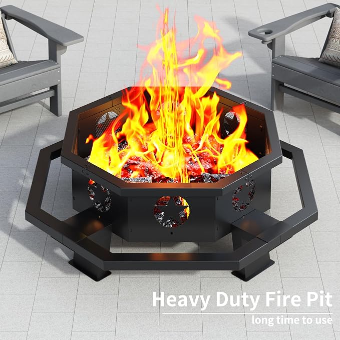 43 inch Fire Pit, Outdoor Wood Burning Fire Pit Octagonal Heavy Duty Firepit for Camping, Backyard, Patio, Black - Image 2
