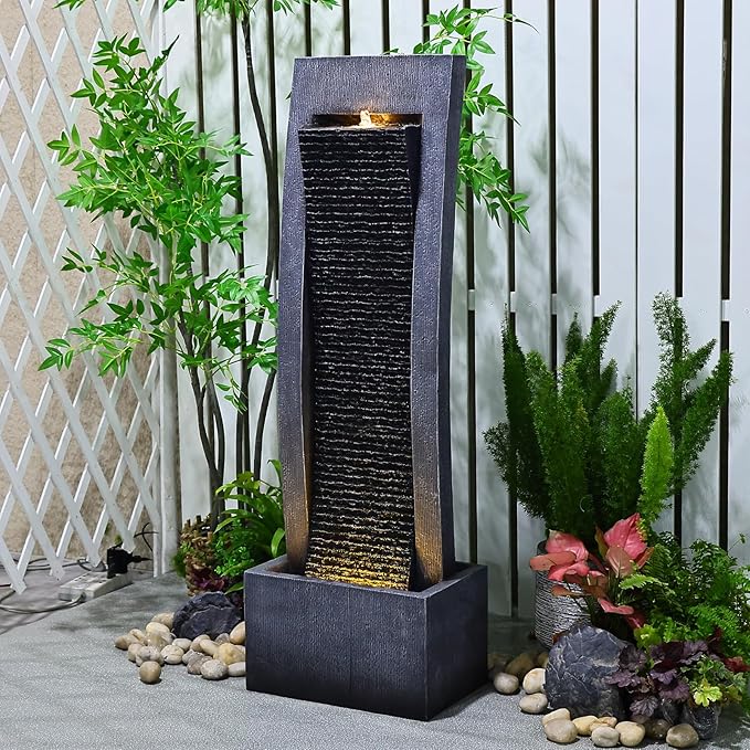 Water Fountain Outdoor Curved Faux Slate Waterfall Feature Freestanding Fountains Indoor Floor Standing Water Fountainswith LED Lights, Pump, Natural Stones for Garden, Patio