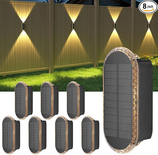 Ellasay 8 Pack Fence Lights Solar Powered, Up and Down Focus LED Solar Wall Lights Outdoor, IP67 Waterproof Solar Lights for Outside Patio, Backyard,Porch,Railing,3 Color Modes