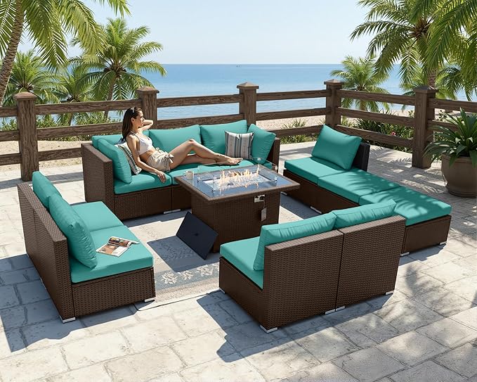 BULEXYARD 11 Piece High Back Outdoor Furniture Set with Firepit, Cozy Patio Conversation Set with Ottoman Modular, Extra Wide Deep 10-Seats Sectional Couch Sofa for Yard, Brown Rattan & Teal Cushion