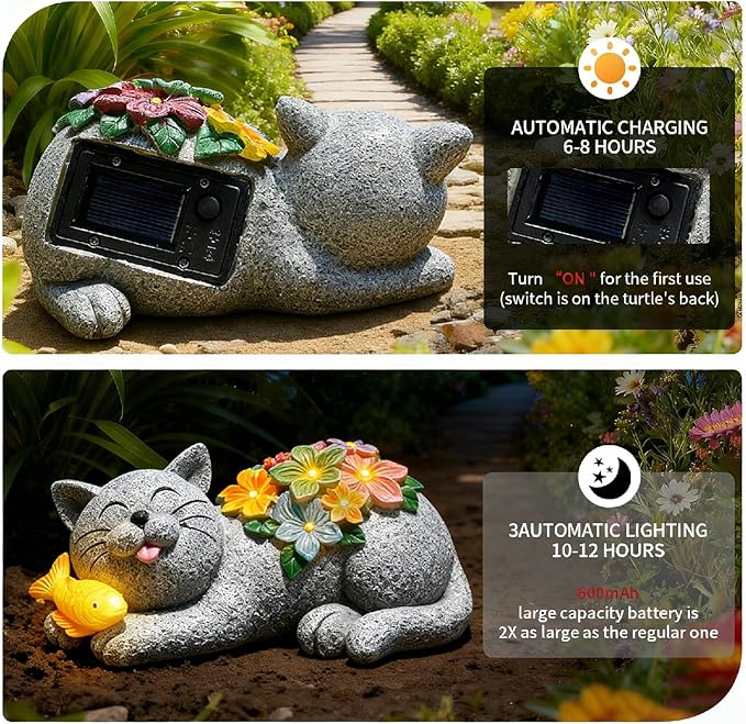 Solar Cat Garden Statue with 6 LED Lights-Outdoor Decorative Cat Figurine Lighting for Patio,Yard,Lawn-Waterproof Animal Statue,Unique Home Garden Decor Unique Housewarming Gifts