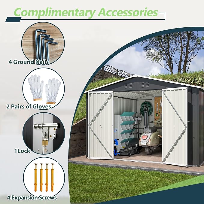 YOPTO 10 x 10 FT Outdoor Storage Shed,Heavy Duty Tool Sheds Metal Storage Garden Shed with Sloped Roof and Lockable Doors,Large Metal Storage Sheds for Backyard Patio Lawn, Black - Image 2