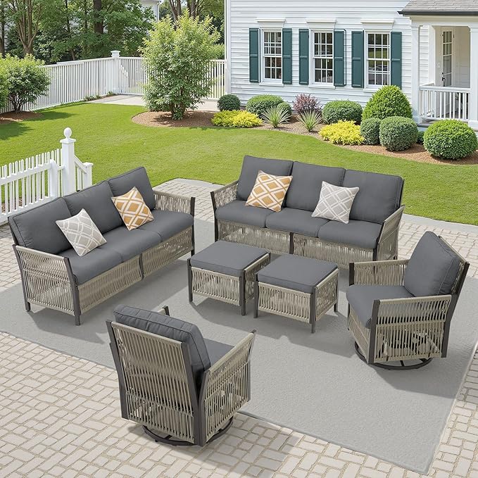 Wicker Outdoor Furniture Set, 6 Piece Patio Conversation Sets, Comfort Swivel Rocker Glider Patio Chairs Set of 2 with Ottoman and Rattan Sofa (Grey)