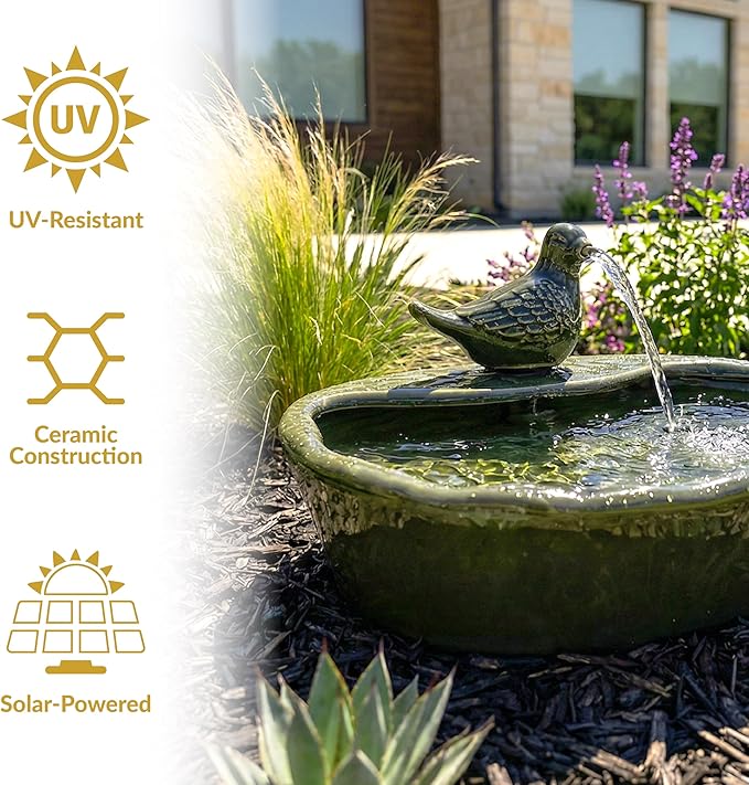 Sunnydaze Ceramic Solar-Powered Water Fountain - Green Glaze - Low-Voltage Submersible Pump with Filter - Dove
