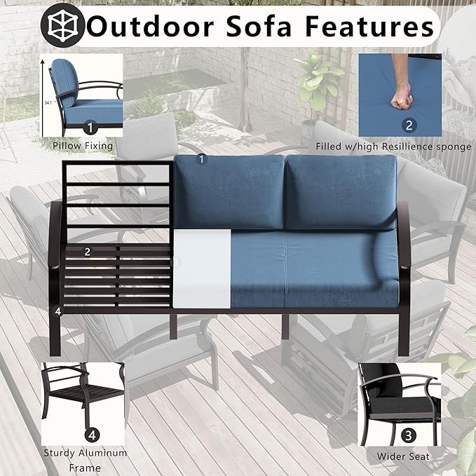 Aluminum Patio Furniture Set with Fire Pit Table, 7 Seats Outdoor Patio Conversation Sets with Swivel Chair Modern Metal Sectional Sofa with Upgrade Cushions for Patio, Backyard