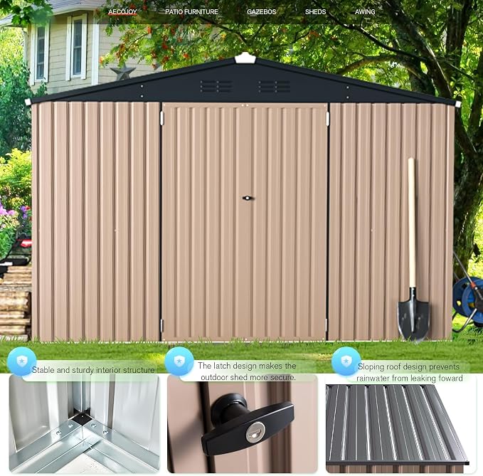 AECOJOY 10'x10' Outdoor Storage Shed, Large Metal Sheds & Outdoor Storage Clearance Steel Yard Shed with Lockable Doors, Utility and Tool Storage Garden Sheds for Barkyard, Patio and Outside Use - Image 3