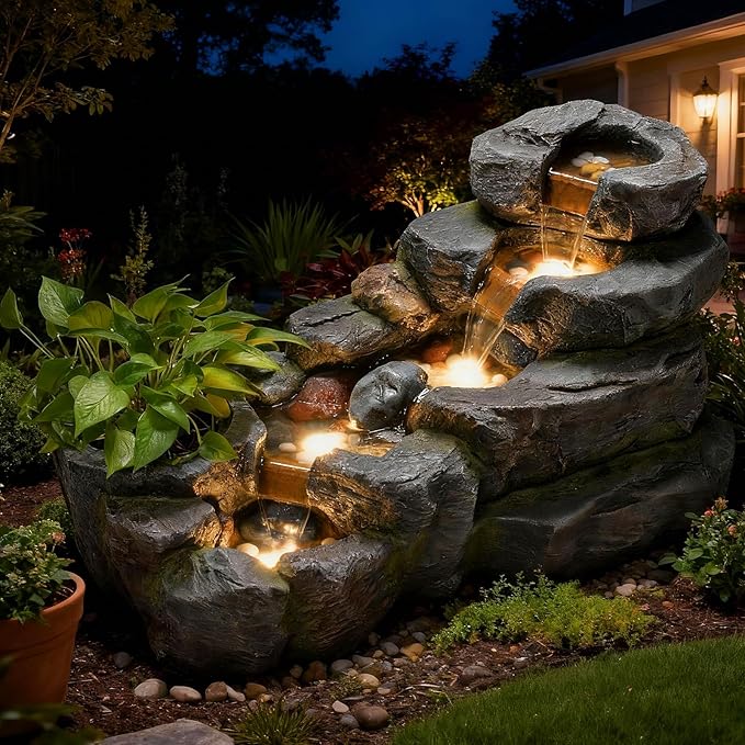 38.2" L Garden Outdoor Water Fountain 5 Tiers Floor Standing Rock Natural Waterfall Outdoor Fountains with LED Lights and Planting Pot for Patio, Porch,Backyard,Home Art Decor