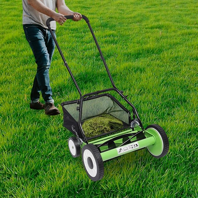 16 inch Push Reel Lawn Mower with Grass Catcher Green Black Lawn Sweeper with Collection Box Adjustable Height Manual Push Lawn Mower 5-Blade Lawnmower for Gardens Lawns (16" Green Black) - Image 4