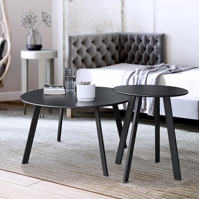 Meluvici Outdoor Patio Coffee Table Set of 2, Weather Resistant End Table, Round Nesting Tables for Living Room Balcony Office,Black - Image 7