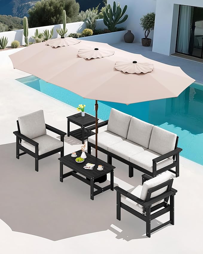 SERWALL HDPE Patio Furniture Set with 15FT Patio Umbrella, 7-piece Outdoor Sectional Sofa Set, All Weather Patio Couch Set for Deck, Black &Beige(Umbreall Base not Included)