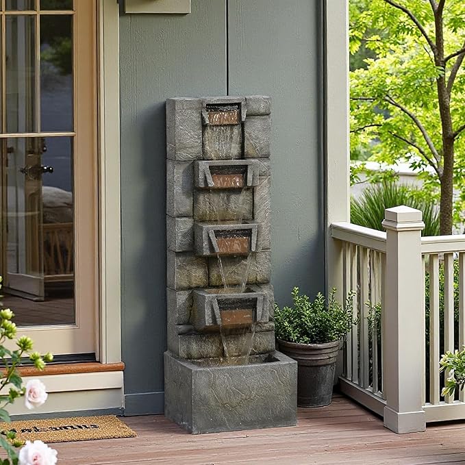 41.1" Garden Water Fountain Outdoor – 5-Tier Modern Cascading Resin Waterfall Fountain with LED Light, Mossy Stone Look, Floor-Standing Outdoor Water Feature for Patio, Yard, Deck, Home Décor