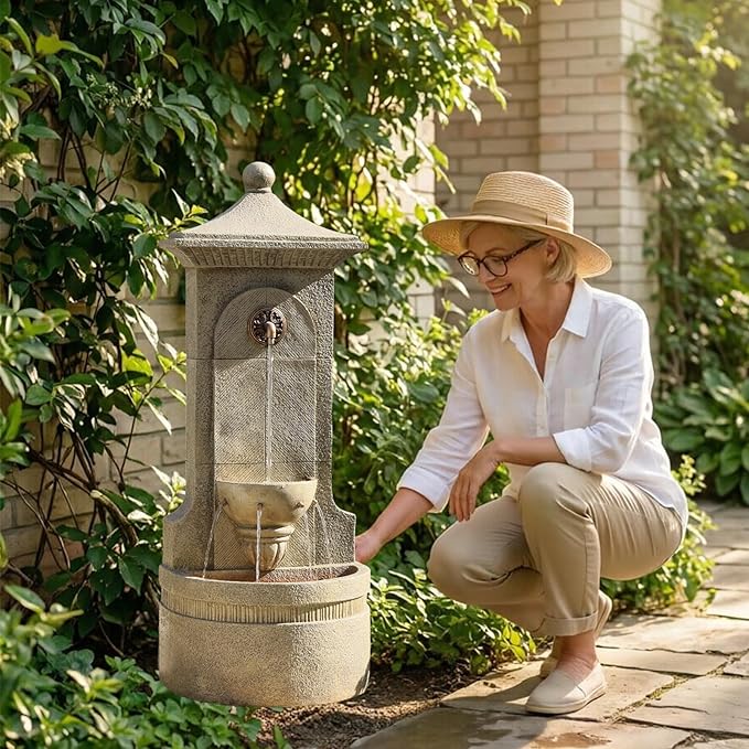 Outdoor Wall Fountain with LED Lights, 42.91” H Freestanding Garden Water Fountain, Large Floor Standing Patio Waterfall Feature, European Resin Flat Back Yard Courtyard Porch Déco