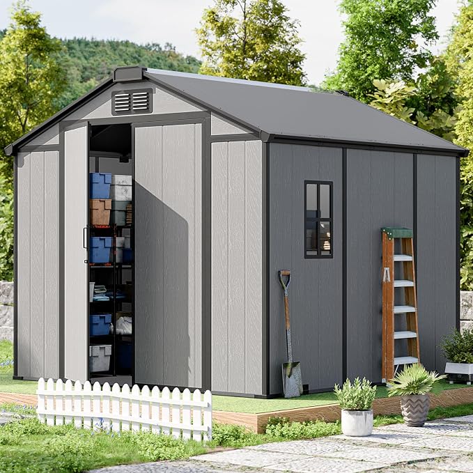 CDCASA 8x8x7 FT Resin Shed with Floor Included, Steel‑Reinforced Large Waterproof Outdoor Storage Sheds with Base & Lockable Door & Window & Vents, Outside Plastic Tool for Outside Patio Backyard by CDCASA
