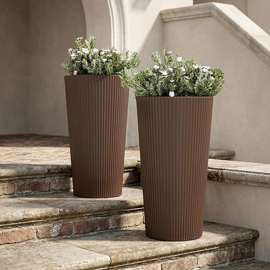 23.6 Inch Tall Planter with Drainage Hole, Large Plastic Pots for Plants Set of 2, Flower Pot for Indoor Outdoor, 2PCS, Brown
