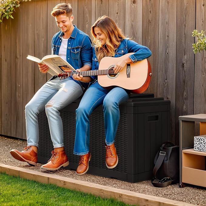 Greesum 100 Gallon Resin Deck Box Large Outdoor Storage with Cushions for Patio Furniture, Garden Tools, Pool Supplies, Weatherproof and UV Resistant, Lockable, Black - Image 3