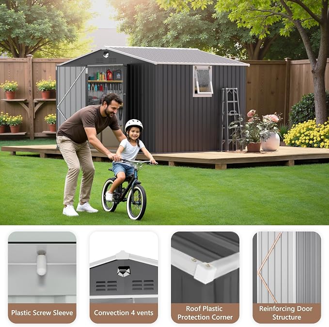 10x8 FT Outdoor Storage Shed, Metal Garden Shed - Tool Storage Sheds with Lockable Doors & 1 Vented Clear Window, Waterproof Outside Storage Building for Backyard, Patio (Black; Floor Not Included) - Image 7