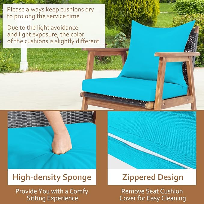 Tangkula 4-Piece Patio Furniture Set, Outdoor Acacia Wood Conversation Set with Cushions and Coffee Table, Outdoor PE Wicker Sectional Sofa Set for Garden, Poolside and Backyard (1, Turquoise)