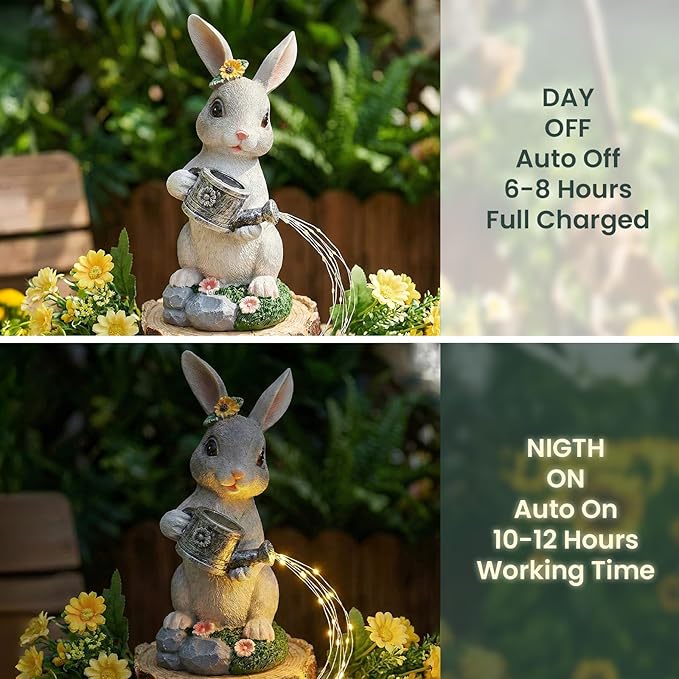 Solar Rabbit Garden Statues Outdoor Decor, Resin Rabbit Figurine Decorations with Solar Light, Whimsical Bunny Sculpture for Patio, Balcony, Yard, Lawn Ornament, Perfect Garden Gift