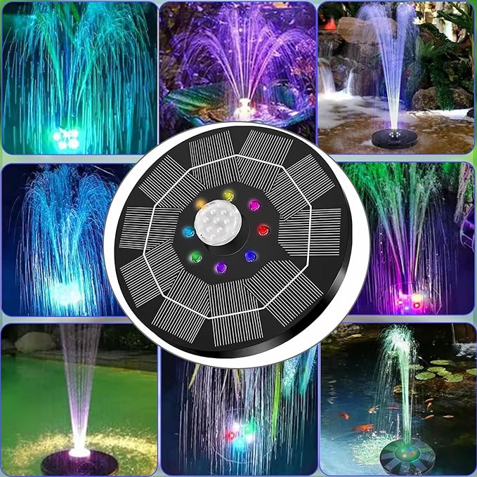 Solar Powered Fountain Pump for Bird Bath, Garden, Pond & Outdoor Decor - 7 Nozzles, 4 Fixers, Colorful LED Lights, Upgraded Glass Panel, Small Water Fountain for Fish Tank & Swimming Pool