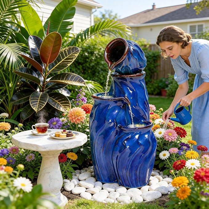 29" Ceramic Water Fountain Outdoor, 4-Tier Dynamic Wavy Outdoor Fountain with Artistic Cobalt Blue Glaze, Decorative Water Feature, Cascading Waterfalls for Serene Garden Patio Yard Porch Decor